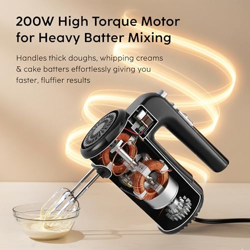 Image of Glen Electric Hand Mixer With Detachable Beater & Dough Kneader Hook|For Quick Mixing, Whisking, Whipping Cream, Cake & Eggs|200W|Safety Eject Feature, 5 Speed Setting, Turbo mode - Black /Grey