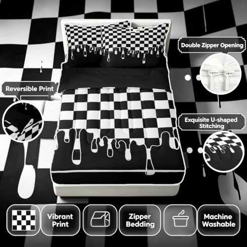Image of Black and White Checkered Easy Wash Zipper Bedding Full,Checkerboard Drip Removable Cover Comforter Set with Deep Pocket Fitted Sheet,Y2K Aesthetic Geometric Soft Breathable Bed in a Bag for Dorm