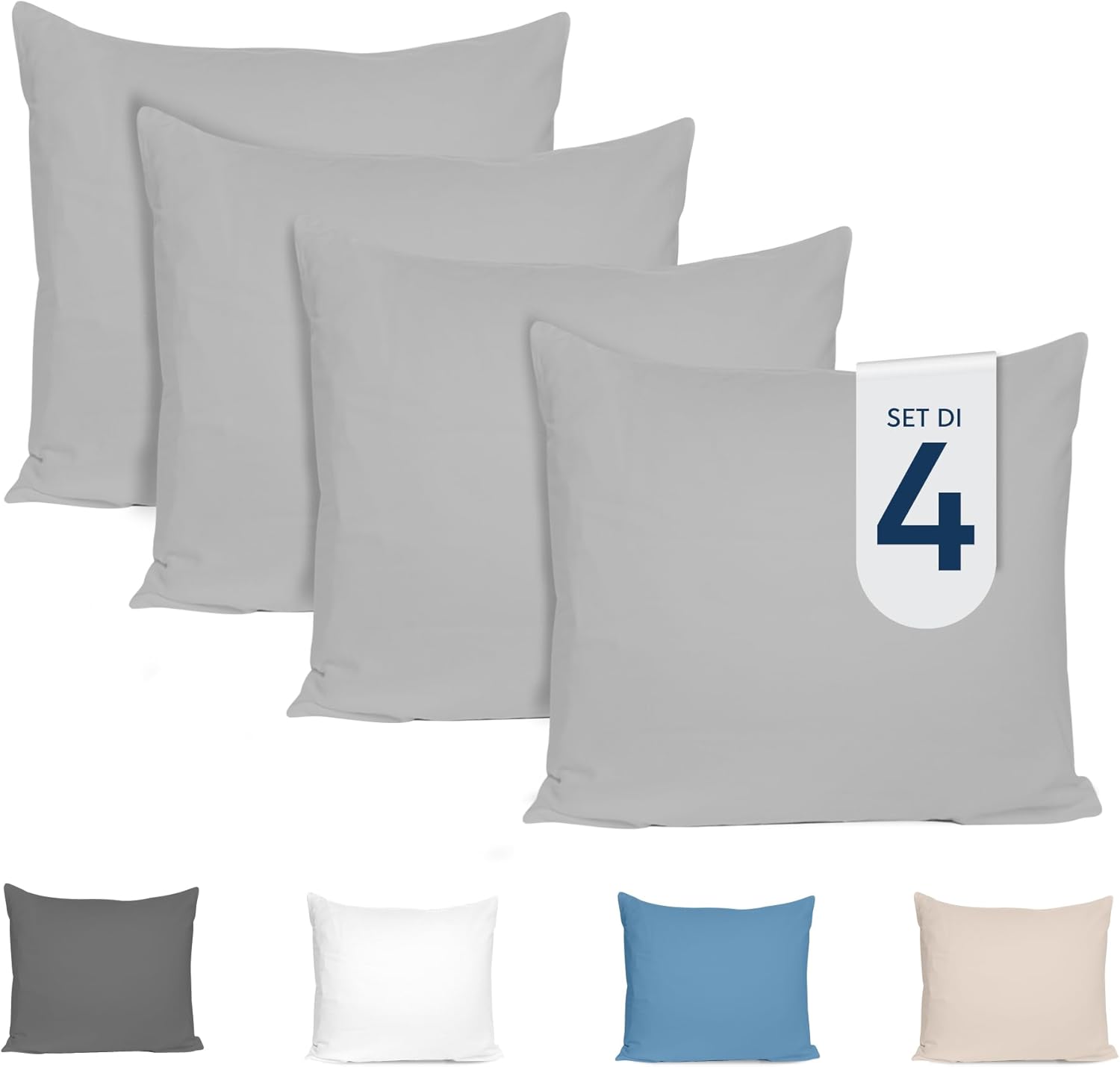 Dreamzie Federe Cuscini 80x80 (Set di 4) - Grigio - per i Cuscini 80 x 80 cm - 100% Jersey di Cotone - Federa da Cuscino - Copri Cuscino per Letto - Fodera Protezione per Cuscino