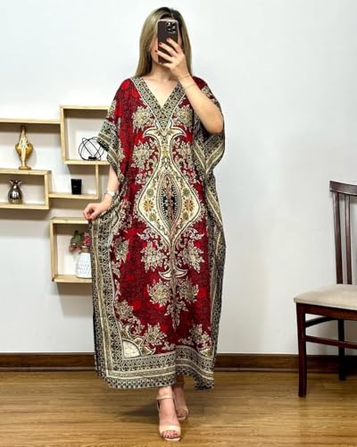 Image of NAIADES Women's Kaftan Dress - Bohemian Printed V-Neck Long Maxi Caftan with Loose Fit & Elegant Design (Kaftan-Kurti)