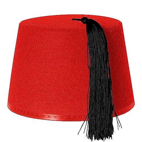 1 chapeau rouge Kuki Fez avec pompon noir – Chapeau en feutre pour homme et femme Idéal pour la guerre froide, russe, turc, arabe, médecin de voyage dans...