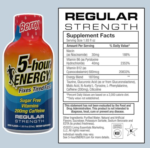 5-hour ENERGY Shots Regular Strength, Berry Flavor, 30 Count, 1.93 Fl Oz, Sugar Free, Zero Calories, Amino Acids and Essential B Vitamins, Dietary Supplement, Feel Alert and Energized, 200 mg Caffeine