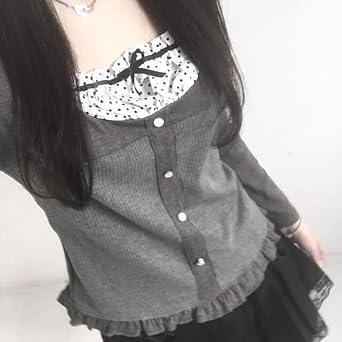 Y2k Clothing Korean Fashion Polka Dot Print Contrast Patchwork Knitted Tops Grey Cute Bow T-Shirts Slim Crop Tops