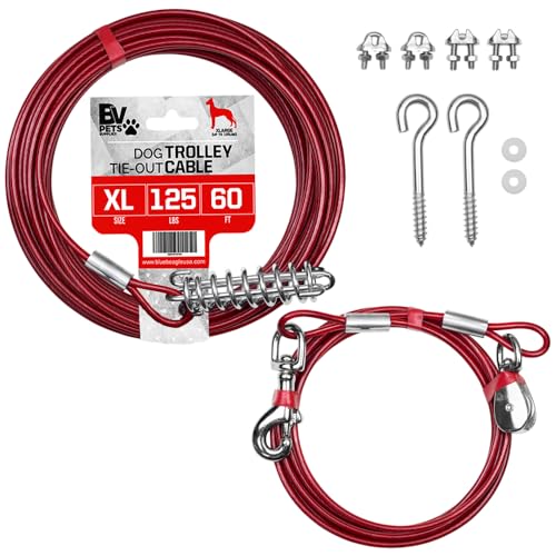 BV 60ft Aerial Pet Trolley System with 10ft Pulley Lead - Heavy Duty Dog Tie Out for Yard up to 125 lbs, Reflective Run Cable (Not a Leash, Bare End)