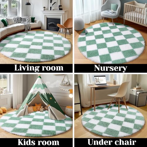 Image of KICMOR Round Rug 4ft for Bedroom, Fluffy Soft Circle Area Rug Cute Small Living Room Carpet, Sage Green and White Fuzzy Shag Shaggy Checkered Circular Rugs for Kids Room Nursery Home Decor Aesthetic
