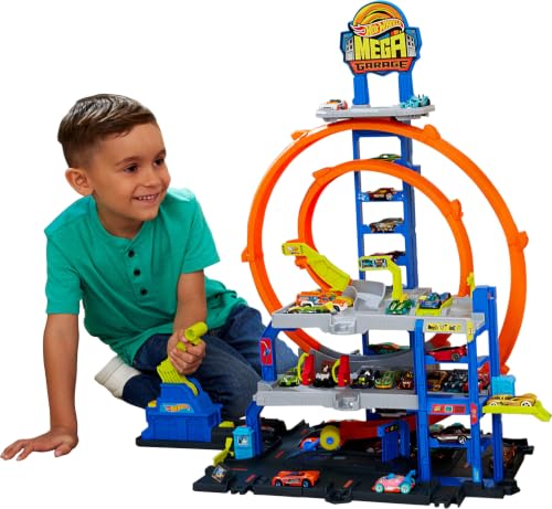 Kit Pista Hot Wheels Mega Garagem Mattel. Conjunto com elevador e estacionamento para vários veĂculos. DiversĂŁo e corridas para crianças a partir de 4 anos.