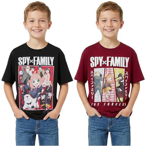 Spy × Family Boys T-Shirts 7-16 Yrs 2 Pack Cotton Crew Neck Short Sleeve Tee Tops Soft Summer Boys Clothing Anime Gifts (13-14 Years Black/Burgundy Spy Family)