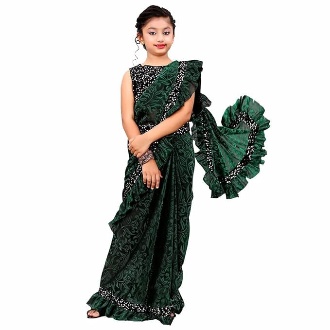 Kids Girls Lycra Blend Ready To Wear Saree With Sequence Blouse Piece (3-4 yrs to 11-12 yrs) (Green, 12-13 Years - XL)-image-38
