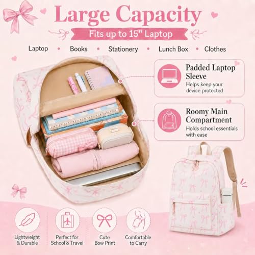 Image of LOIDOU Backpack for Girls School Backpacks Bookbags for Elementary Middle School Women Laptop Backpacks (Bow tie Beige, L-17)