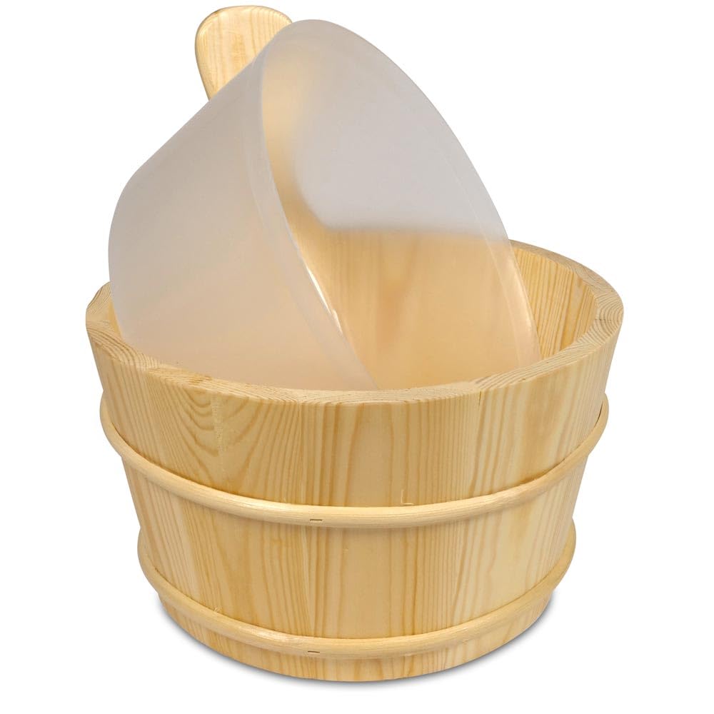 Sauna Kübel 4 L aus Birkenholz mit Kunststoffeinsatz - Traditioneller Saunaeimer Ø 25,5 cm mit Holzreifen und Holzboden für Aufgüsse