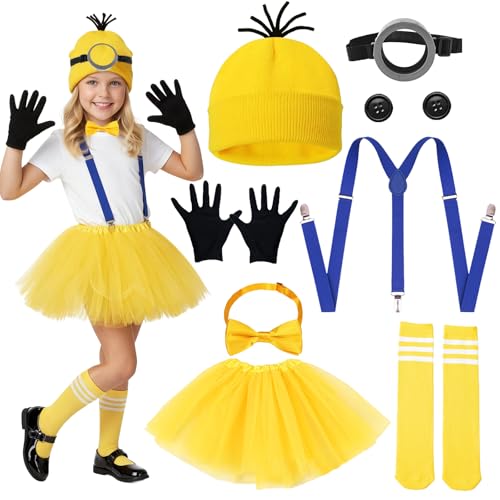 Lot de 8 accessoires de costume de dessin animé jaune pour enfant avec jupe en tulle, bonnet, lunettes, bretelles, gants, bandeau, boutons et chaussettes pour femme,...
