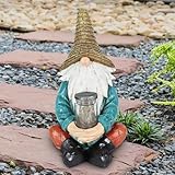 Exhart Garden Gnome, Sitting Solar Garden Statue, LED Firefly Jar, Outdoor Garden Decoration, 6 x 11.5 Inch