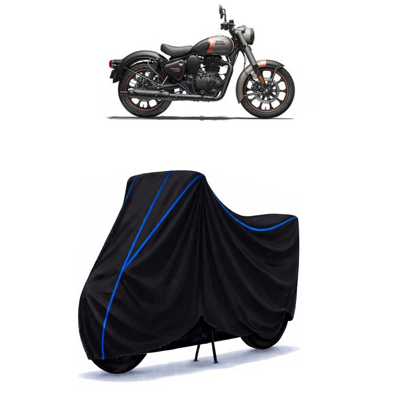 Image of Classic 350 Dark Bike Cover Water Resistant Universal Motorcycle Rain | Heavy Duty UV Protection, Dust, Scratch Indoor Outdoor All Weather with Black Blue Piping Elastic