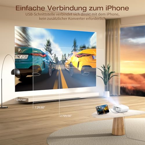 Mini Beamer 4K Projektor Tragbarer 20000 Lux für Smartphone, unterstützt kabelgebundene...