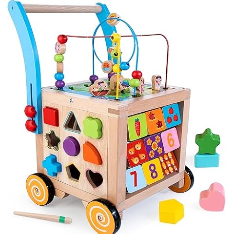 WOODMAM Wooden Baby Walker | Baby Push Walker with 9-in-1 Activity Cube, Sit to Stand Learning Walker Toy with Wheels for Boys Girls, Montessori Activity Center Walker, Adjustable Speed & Height Cover