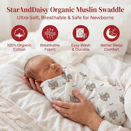 Image of StarAndDaisy Organic Muslin Swaddle Blanket Pack of 3 for Newborn Babies, Cotton Muslin Receiving Blanket, Ultra Soft Breathable Baby Wrap, Burp Cloth & Stroller Cover, 75 x 80 cm
