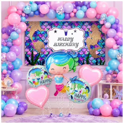 Image of Wanna Party Mermaid Theme Birthday Decoration Combo Pack, 36 Pieces | 4 ft x 2 ft Mermaid Happy Birthday Banner, 5 Mermaid Foil Balloons & 30 Latex Balloons in Pink, Purple and Aqua Blue