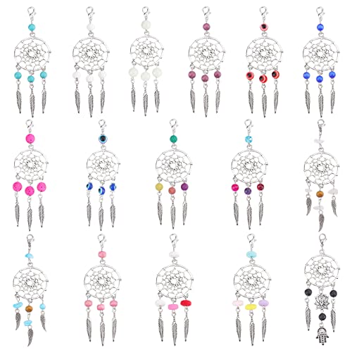 nbeads 32 Pcs 11 Styles Breloques Attrape-Rêves, Pendentifs Attrape-Rêves Perles de Bois avec Accessoires en Alliage Fermoirs à Griffes de Homard pour Boucles d'oreilles Colliers et Porte-Clés