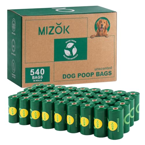 Image of MIZOK Dog Poop Bags Rolls, 540 Count, 65% Recycled Material Poop Bags for Dogs, Leakproof, Extra Thick Durable and Easy Tear-Off, Unscented