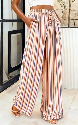 Image of PRETTYGARDEN Womens Pants Elastic Waist Floral Lightweight Palazzo Pants for Women Casual Lounge Wide Leg Pants Woman