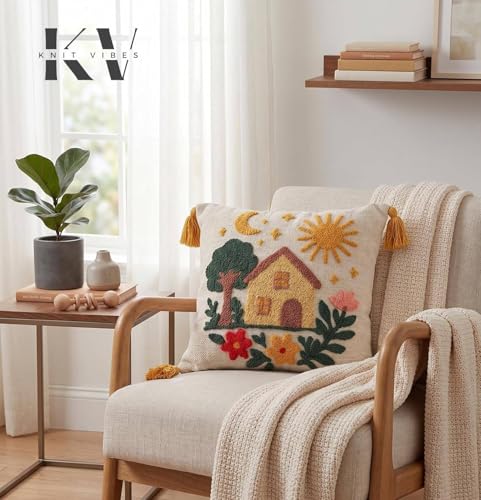 Image of Embroidered Kids Cushion Cover 16 x 16 Inches or 40x40 cms Cotton Fabric Scenery Cushion Covers for Sofa Set /Diwan Beds, Sofa Throw Pillow Covers Only, Set of 1 Pc