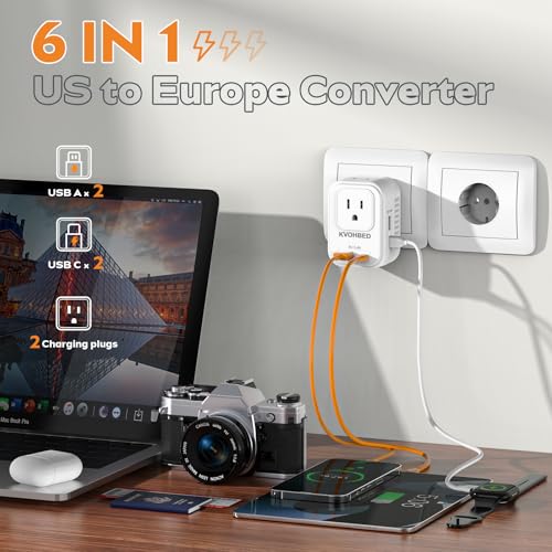 Voltage Converter US to Europe Travel:Worldwide 220V to 110V Voltage Converter with 2 USB A and 2 USB C, PD Fast Charge Adapter Plug Power Converter for France Italy Spain etc(White)2
