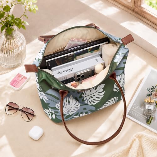 Image of Tote Bag for Women, Casual Hobo Foldable Shoulder Zipper Handbag | Water Repellent Nylon with Leather Handles Fit 15 inch Laptop for Work Weekender Travel Commute