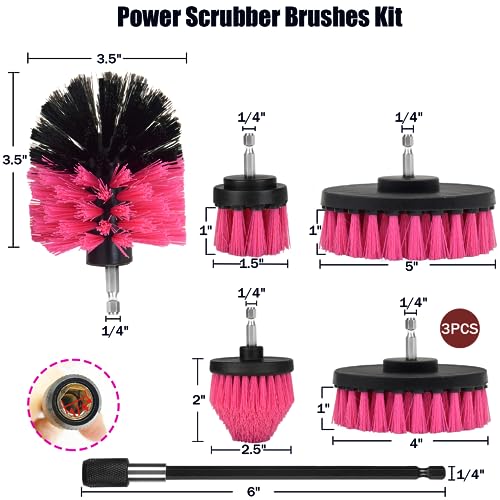 Image of 8 Pack Drill Brush Attachment Set, 1 /4in Power Scrubber Brush + Extend Long Rod, Multi-Purpose Power Cleaning Scrub Brush for Bathroom, Tub, Tile, Corner, Floor(Hot Pink)