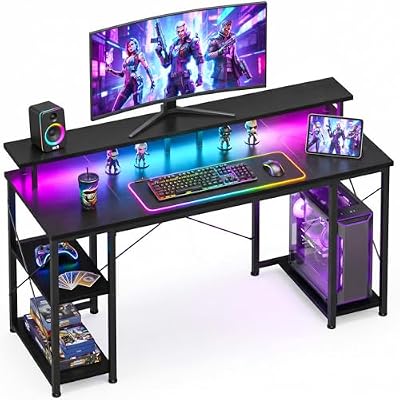 ODK 48 Inch Gaming Desk with LED Lights & Storage Shelves, Black