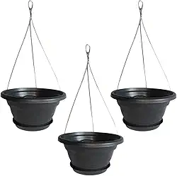 Kit 3 Vaso Cuia 21 Suspenso Com Prato + Cabo de Aço 40cm Vaso Pendente de Parede Para Samambaia Preto de Plástico Reciclado - 1927