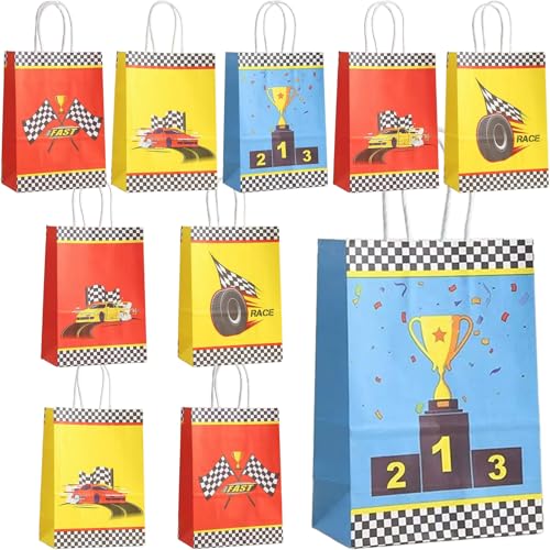 Bikasun 10 sacos de presente de carro de corrida com alças, sacos de presente de corridas de carros de corrida, sacos de papel de festa, sacos de presente de aniversário para carros de corrida, azul