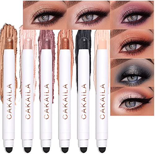 evpct 6Pcs 2 tone Eye Shadow Stick Makeup Set Waterproof Cream Eye Shadow Pencil Eyeliner Crayon Set for Eyes White Brown Gold Pink Dark Purple Bronzer Black Shimmer Eye Brightener Stick Highlighter