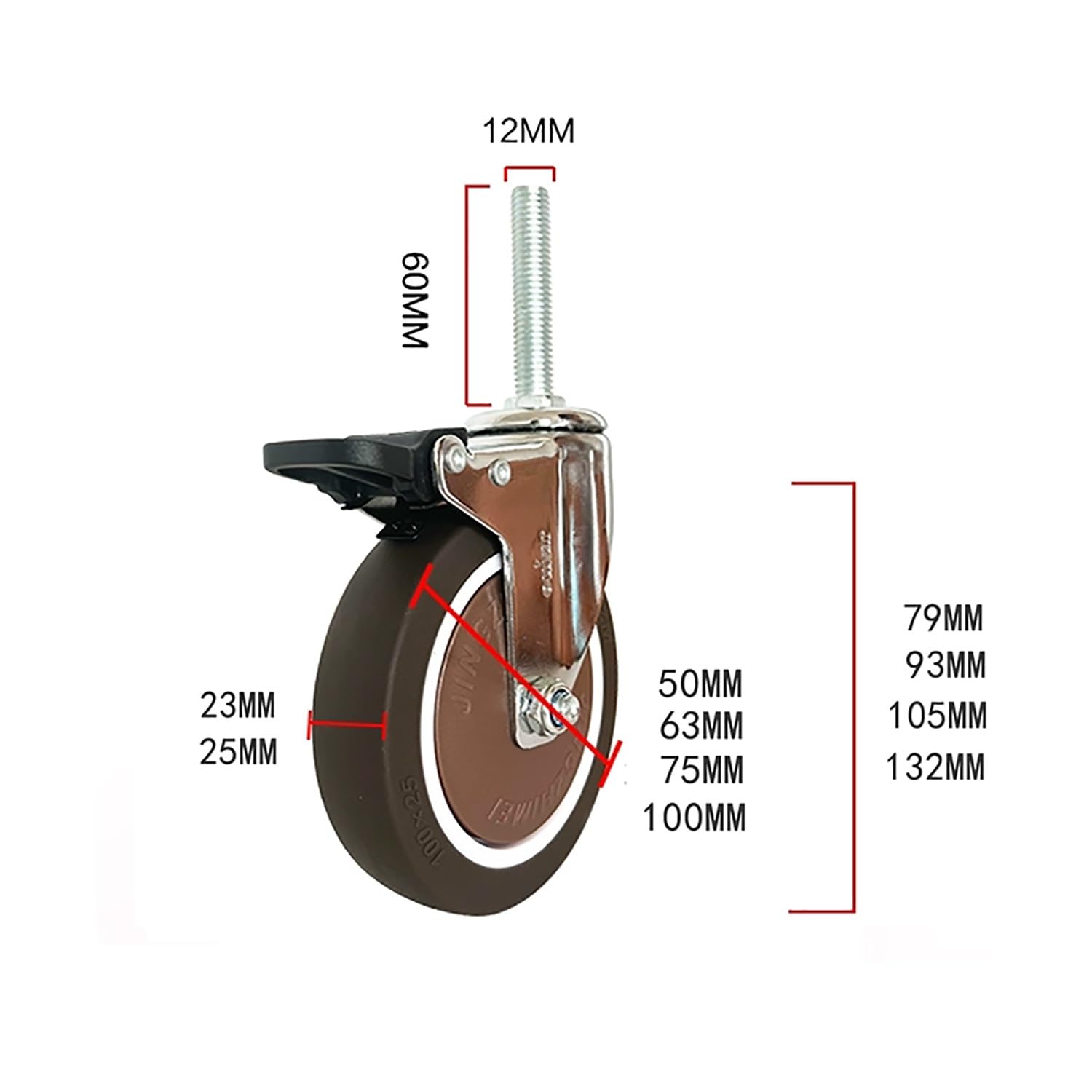 2 Pollice Silenzioso Ruote con Freno, M12*60mm Perno filettato di 4, Gomma Ruote per Mobili/Carrello, Carico 290lbs(con Freno,50mm)