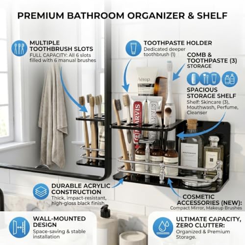 Image of self Adhesive Wall Mounted Acrylic Toothpaste Holder,Toothbrush Stand,Toothpaste Tubler for Bathroom Organizer Rack for Home(Black Acrylic) (Half S.S Black)