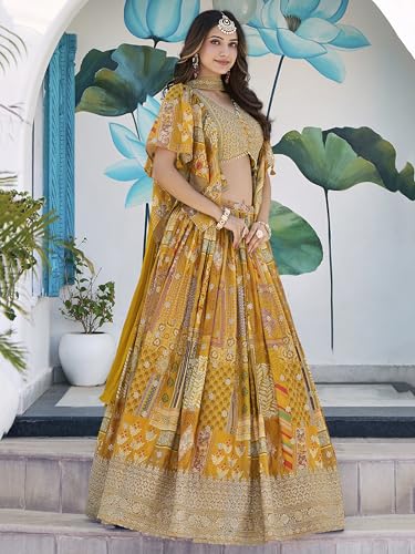 Image of Women's Digital Print With Zari Dori Embroidery Work Chinnon Silk Lehenga Choli With Dupatta (Women-Lehenga-Choli-New; Free size)