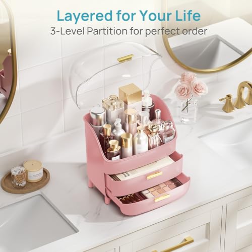 Image of Vtopmart 3-Tier Skincare Makeup Organizer with Lids, Pink | With Drawers and Lid, For Vanity and Bathroom Countertop, Large Cosmetic Storage Box Case for Dresser, With Non-Slip Base
