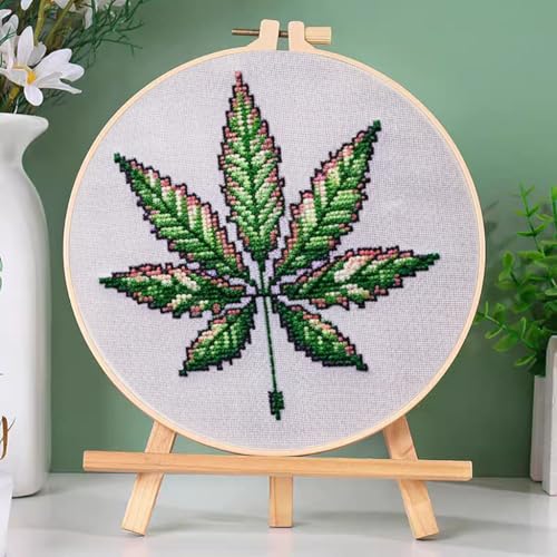 DIY Cross Stitch Kits Watercolor Marijuana Leaf Easy for Beginners with Hoop 11CT Needlepoint Embroidery Counted Stamped Cross Stitch Set Craft Wall Decor 20x20cm(2)