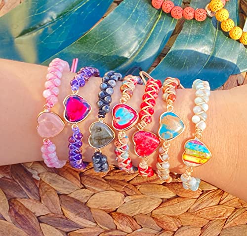 The Mujen Handmade Bracelets| Heart Charm Beads Bracelets | Healing Natural Stone Energy Gemstone Boho Braided Strand (Red Brown Jasper) 10 Inches #TOP4