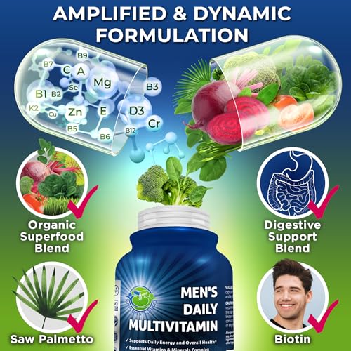 Image of Men's Daily Multivitamin - Vegan Methylated Multivitamin for Men with Saw Palmetto, Biotin, Organic Superfoods, Probiotics & Enzymes - Energy, Gut & Optimal Health Support - Easy to Swallow Capsules