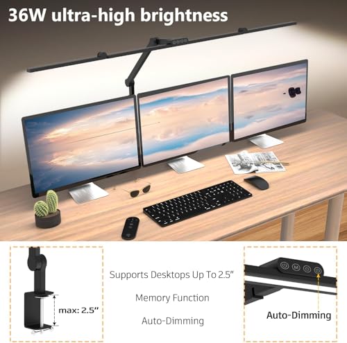Image of 36W Bright Led Desk Lamp with Clamp, 47 Inches Long Architect Desk Lamp Home Office, Dimmable Table Light with Remote Adjustable Monitor Light Bar Office Lighting(Black(Without Base)(47 Inch))