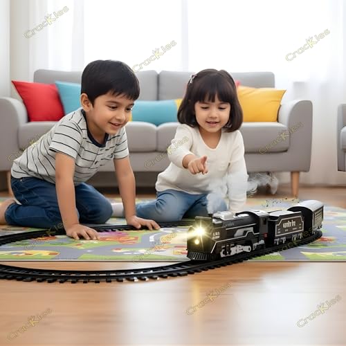 Image of Crackles Small Steam Train Set for Kids - Light & Hindi Music Vintage Engine with Smoke Effect, Rechargeable Battery, Type-C Cable, Water Dropper & Tracks - Battery Operated Toy for Boys & Girls