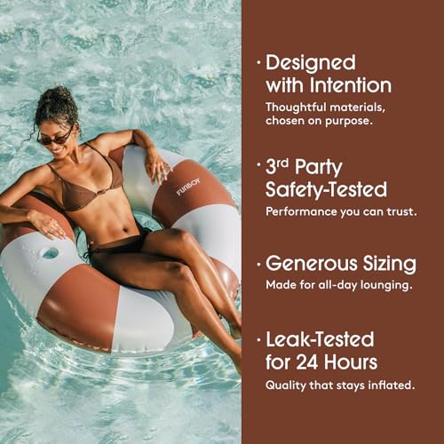 Image of FUNBOY Giant Brown & Blue Stripe Inflatable Pool Float with Cup Holder, 48 inch Adult Inner Tube Swim Ring Pool Lounger