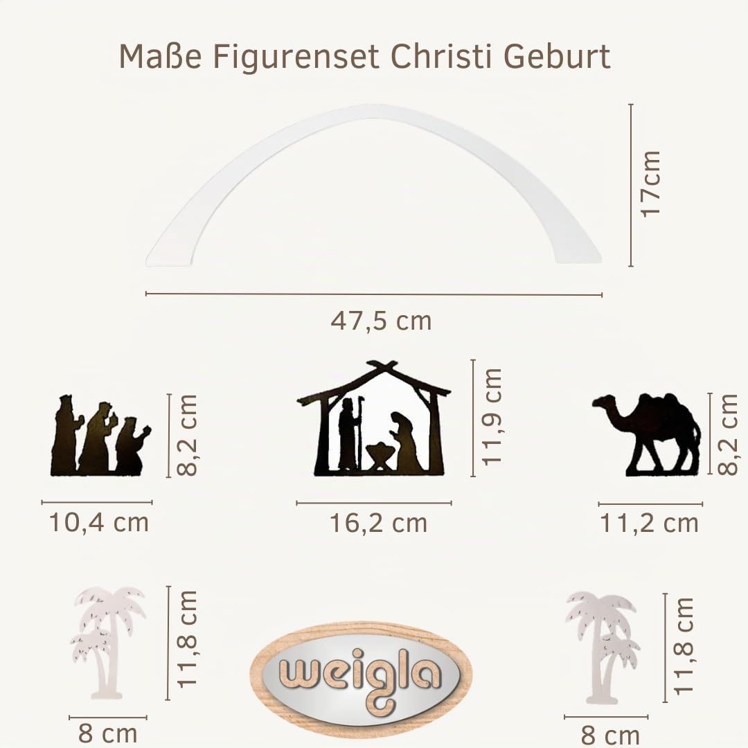 weigla - Figurenset 6 TLG. original Erzgebirge I Motiv Christi Geburt weiß/braun I Figurenset für Dekosockel I Weihnachtsdeko mit Heiliger Familie, Heilige DREI Könige, Palmen, Kamel & Bogen