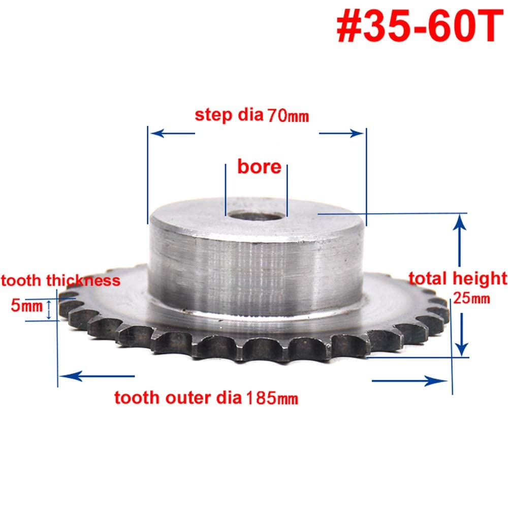 Piñón de cadena de rodillos dentados, piñón de transmisión de cadena de rodillos n.° 35, 60 dientes n.° 35-60T, paso de 3/8" for cadena de rodillos n.° 35H 06B sin orificios for tornillos de fijación