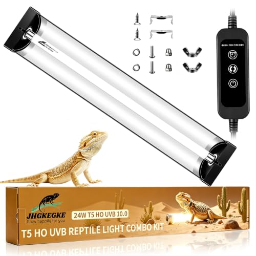 T5 10.0 UVB Reptile Light Fixture Combo Kit with Upgraded Timer Controller, 5 Timing 6H/8H/10H/12H/24H Auto Cycle, 8W High Output UVA UVB Light for Desert Bearded Dragon, Lizard, Turtle (12.5Inch)