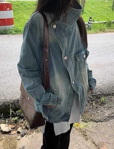 Kwoki Women's Casual Denim Jacket Cross Button Front Long Sleeve Stand Collar Jean Coat with Pockets3