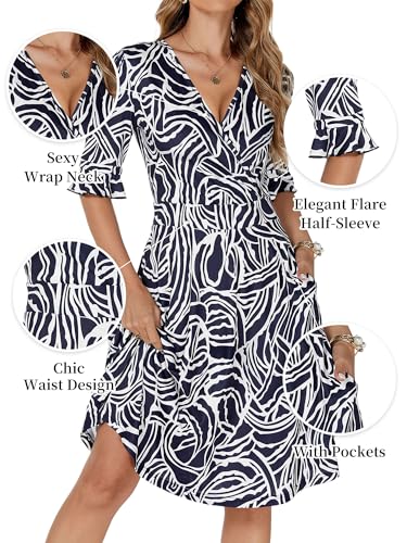 Image of VETIOR Midi Wrap V Neck A line 1 /2 Short Flare Sleeve Dress with Pocket for Women Pear & Apple Shape Friendly