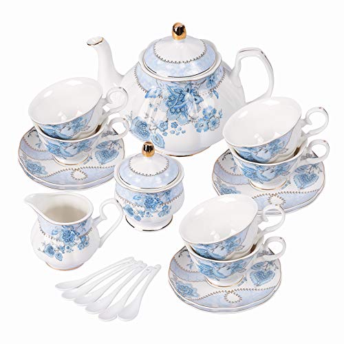 fanquare Blue Flowers Porcelain Tea Set,Tea Cup and Saucer Set,Service for 6,Wedding Teapot Sugar Bowl Cream Pitcher,China Coffee Set - Blue