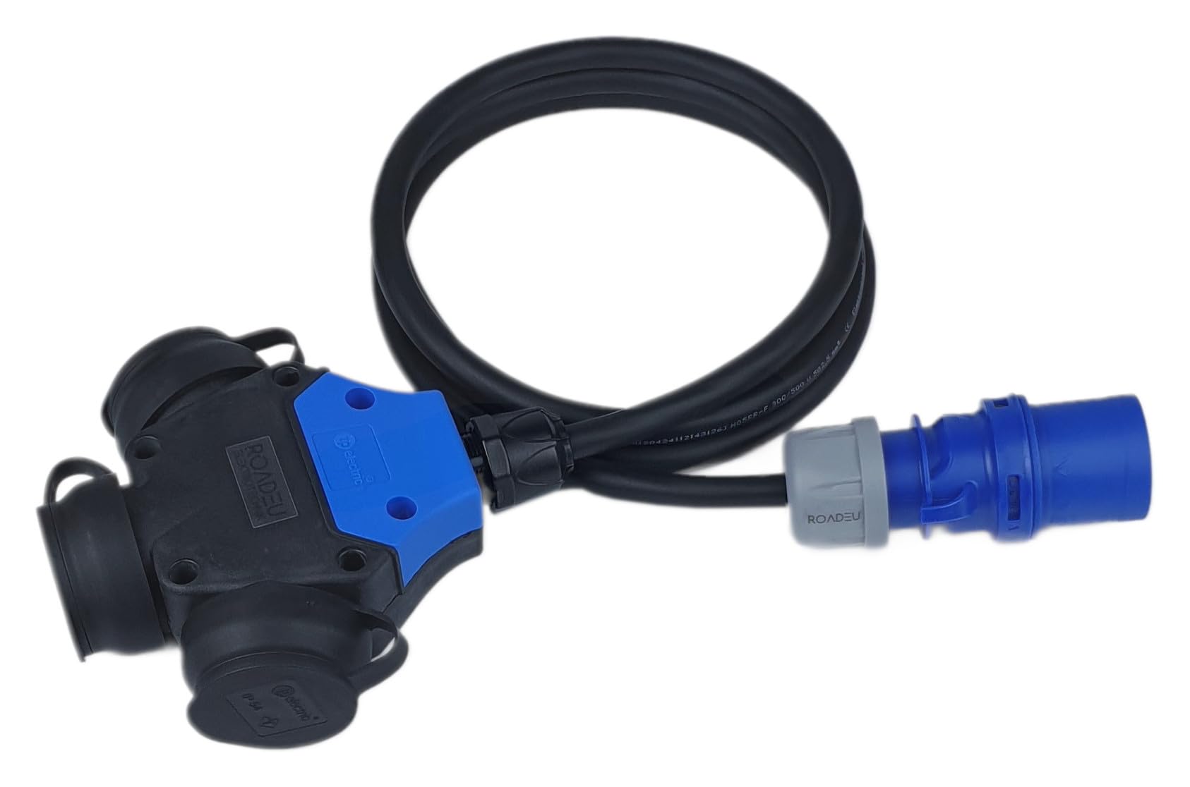 RoadEu – Adaptateur CEE 16 A 3 pôles vers 3 Prises Schuko – Boîtier de Distribution IP44 avec câble de 0,5 m 3x2,5 mm² – Distributeur électrique pour Camping et Chantiers