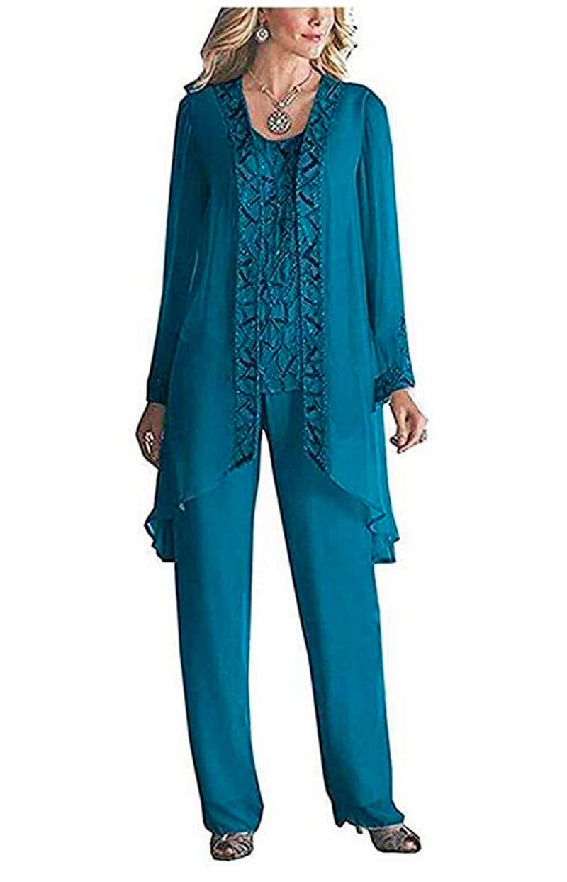 Botong Women's Teal 3 Pieces Chiffon Dress Mother Of The Bride Pants Suits With Beaded Jacket Wedding Outfit Evening Gown Uk18